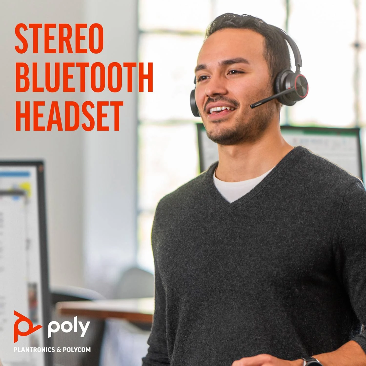 Man wearing a black and red stereo Bluetooth headset, smiling, with text overlay.