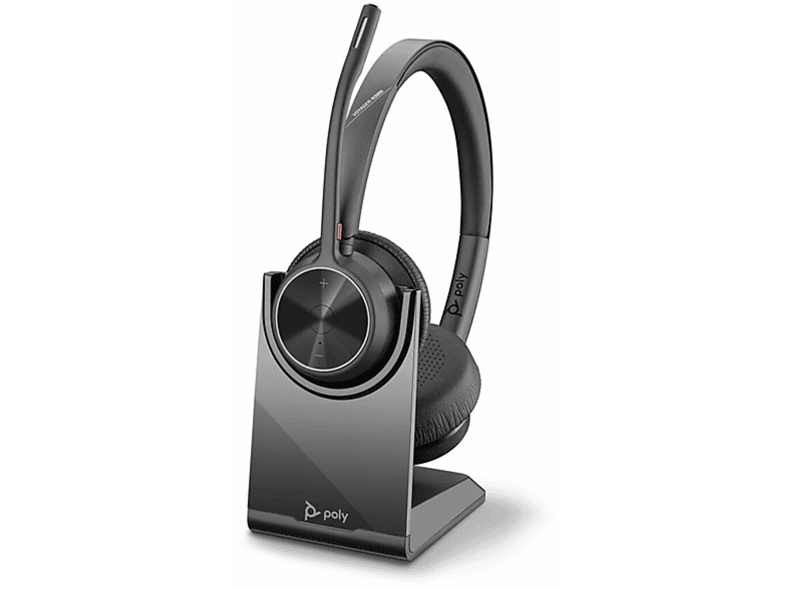 Een zwarte en grijze Poly-headset op een standaard. De headset heeft een microfoon.