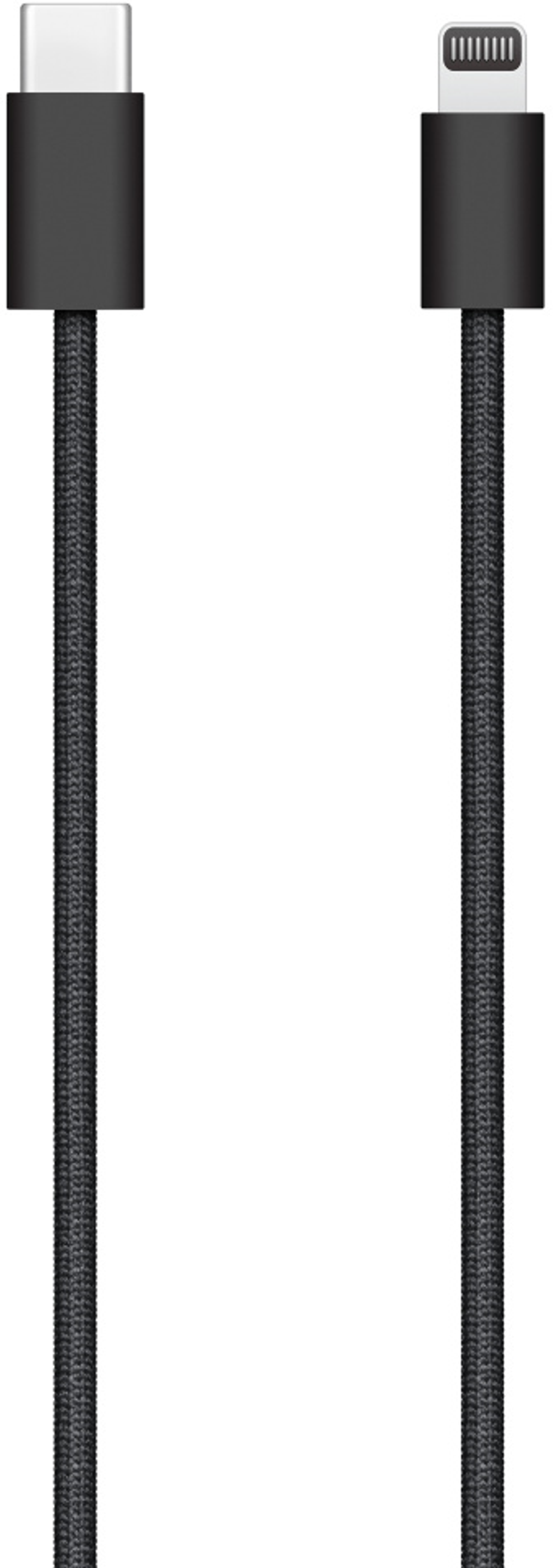 Dwa czarne kable ładujące, jeden z USB-C i jeden ze złączem Lightning.