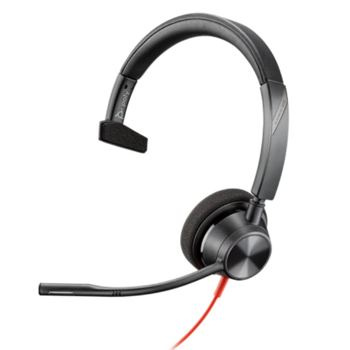 Czarny i szary zestaw słuchawkowy. Posiada mikrofon i czerwony kabel.