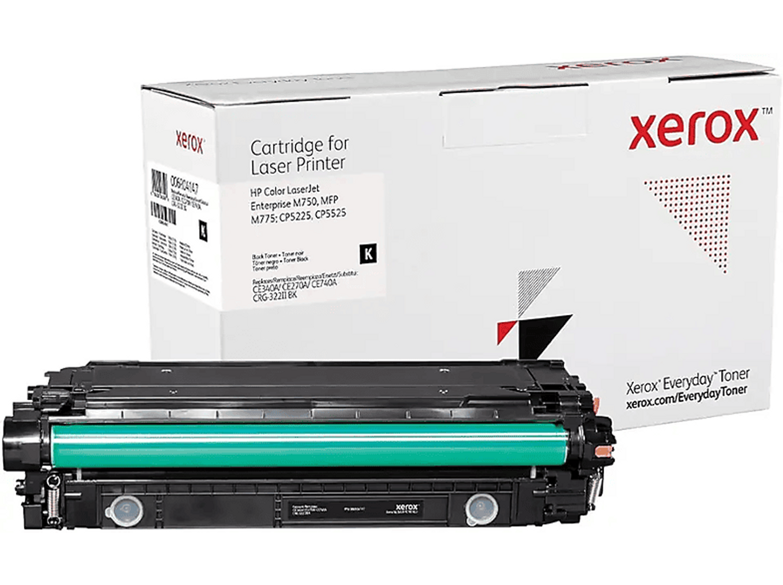 Czarny i zielony kartridż tonera Xerox, białe tło.