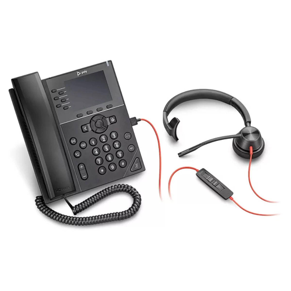 Czarny telefon biurowy z zestawem słuchawkowym i panelem sterowania. Telefon ma ekran i przyciski.