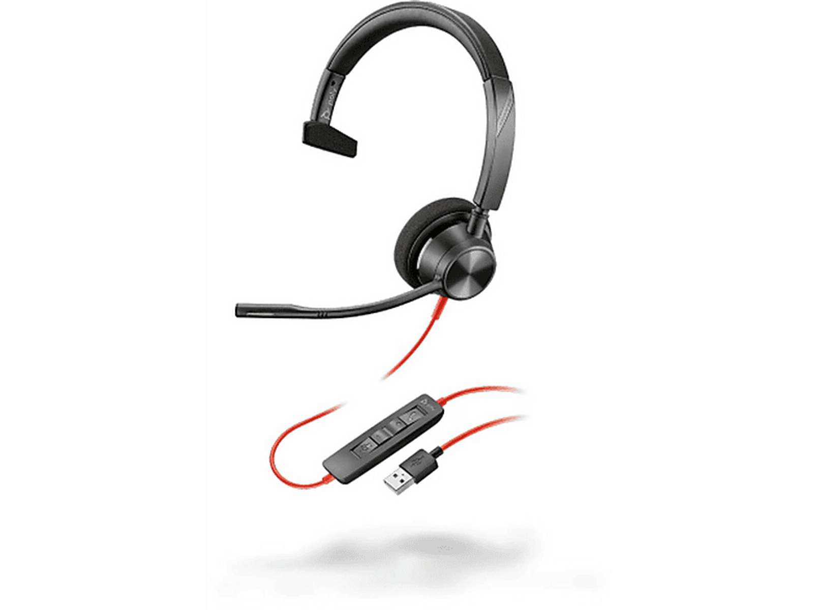 Czarny zestaw słuchawkowy z czerwonym kablem USB i kontrolerem. Białe tło.