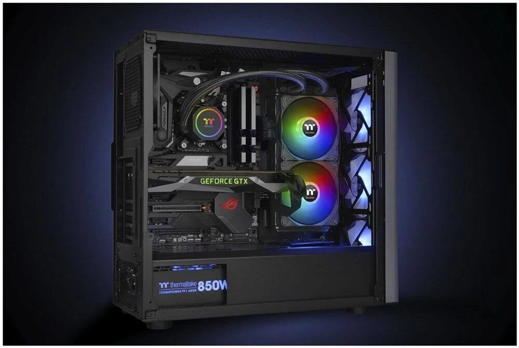 Una caja de ordenador con múltiples ventiladores y componentes. Los ventiladores brillan con varios colores.