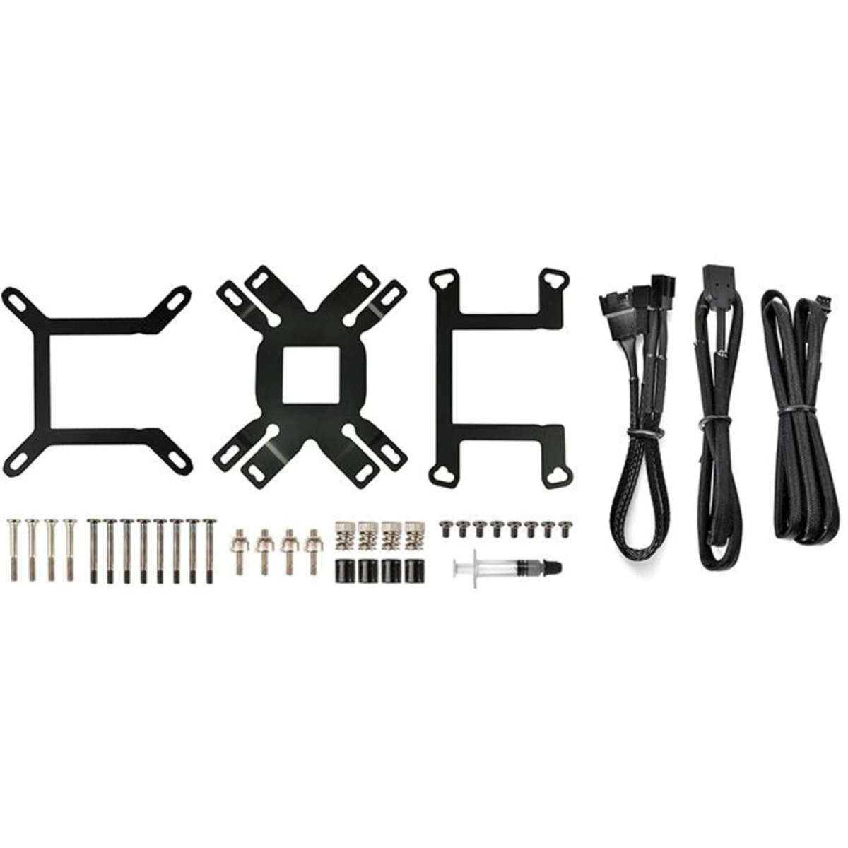 Componentes de computadora que incluyen soportes, cables, tornillos y una jeringa.