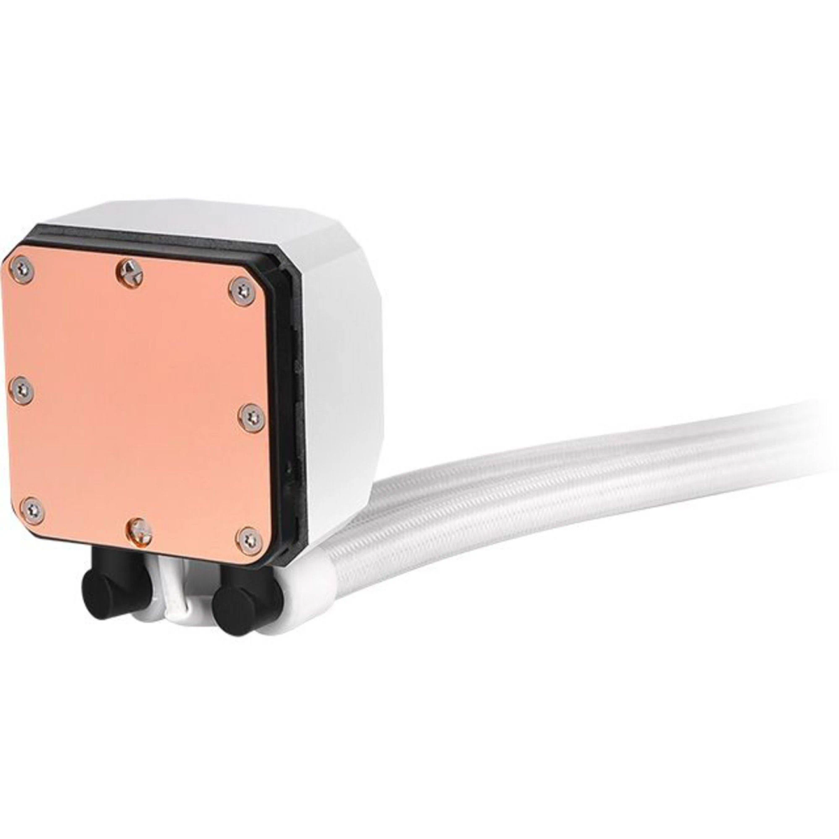 Componente del sistema de refrigeración líquida. Bloque blanco con placa de cobre, tubos y tornillos.