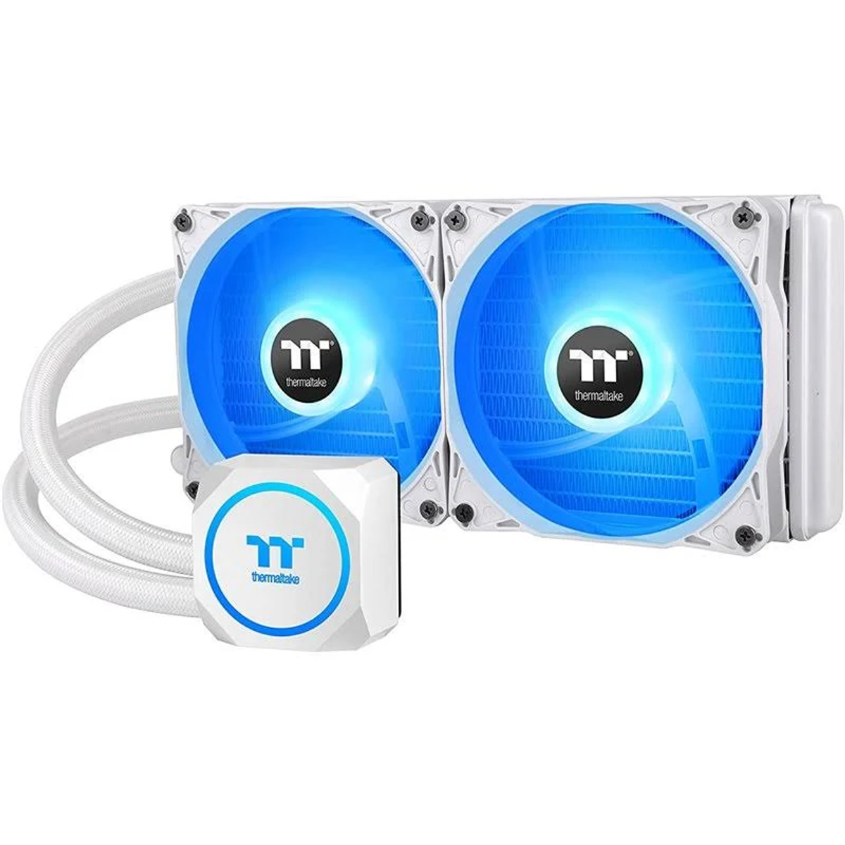 Un enfriador líquido con dos ventiladores y una bomba. Los ventiladores son azules y blancos.