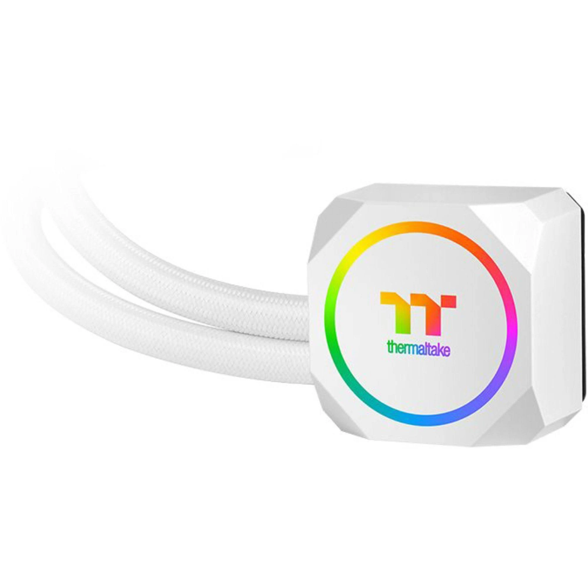 Enfriador de agua blanco con logo iluminado a color, tubo blanco.