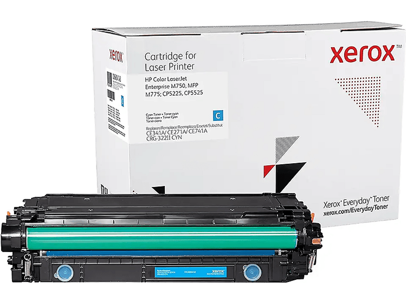 Pudełko i wkład z tonerem Xerox do drukarki laserowej, ze szczegółami tonera cyjanowego.