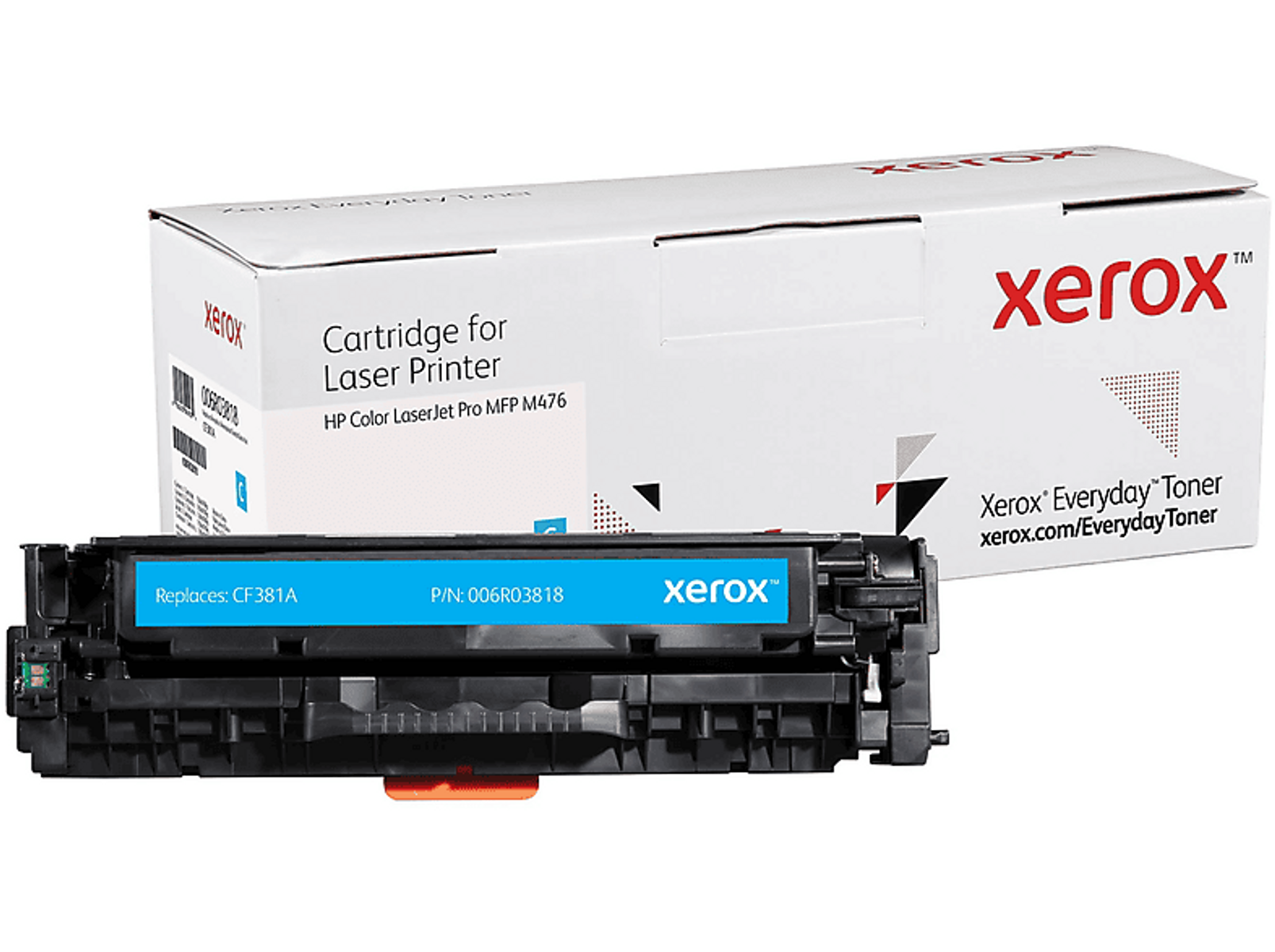 Wkład z tonerem Xerox do drukarki laserowej. Wkład jest niebieski. Obecne pudełko i etykieta.