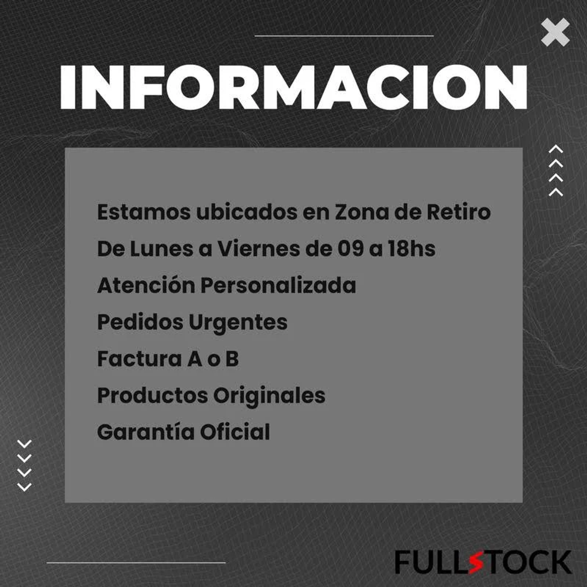 Plakat z tekstem o lokalizacji, godzinach i usługach. Tło jest ciemnoszare.