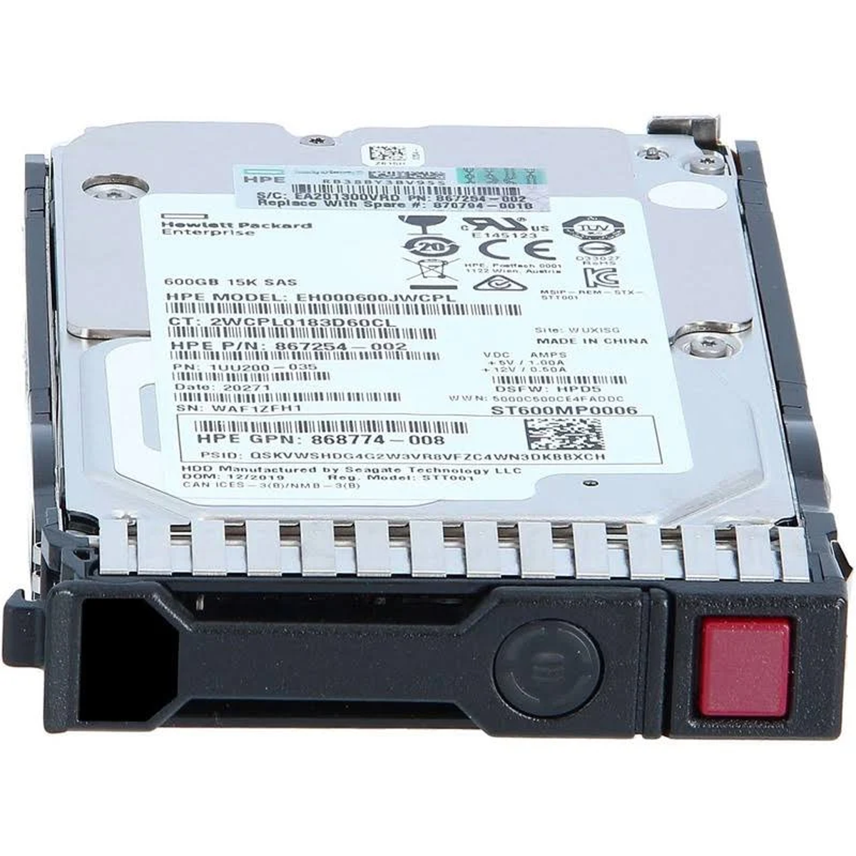 Un disco rigido HPE argento con componenti neri e un pulsante rosso.