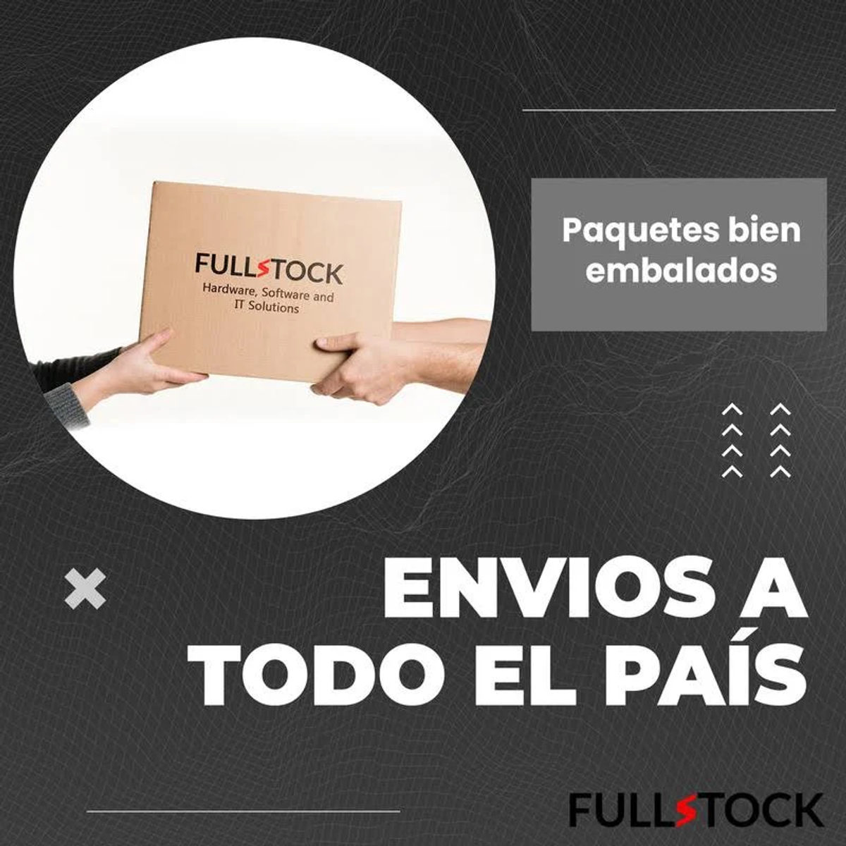 Dwie ręce wymieniające pudełko z logo.