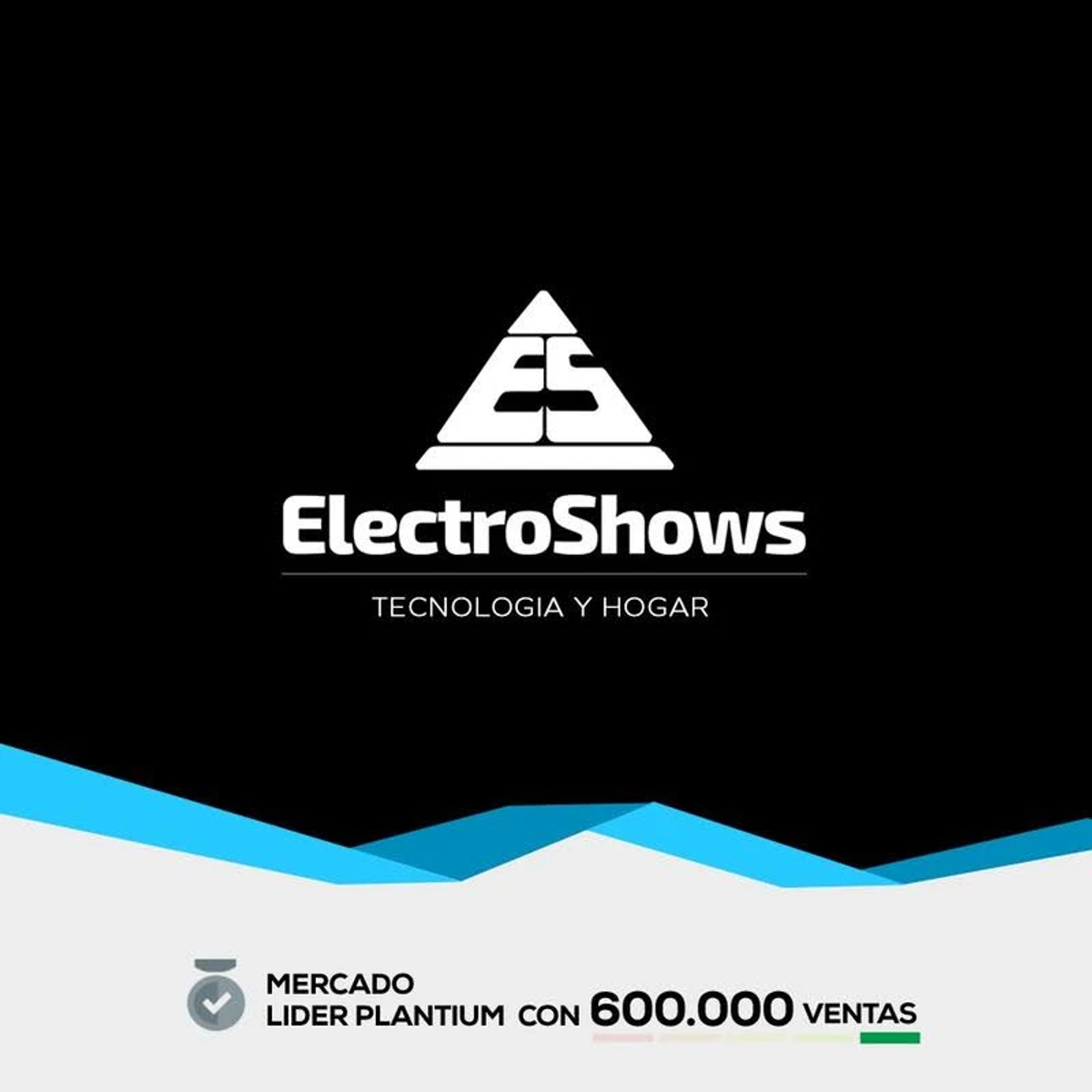 Un logo per ElectroShows, un triangolo bianco con ES, con il testo 'TECNOLOGIA Y HOGAR' e 'MERCADO LIDER PLANTIUM'.