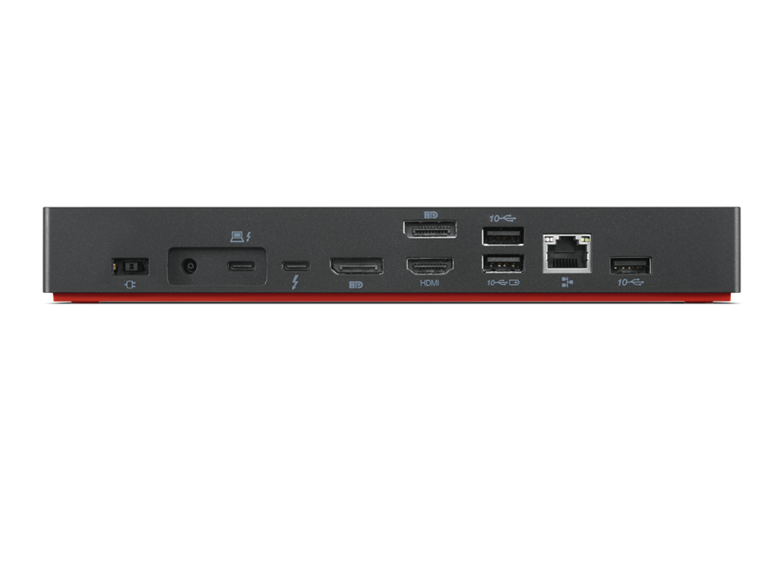 Appareil noir avec divers ports sur fond blanc. Ports HDMI et USB visibles.
