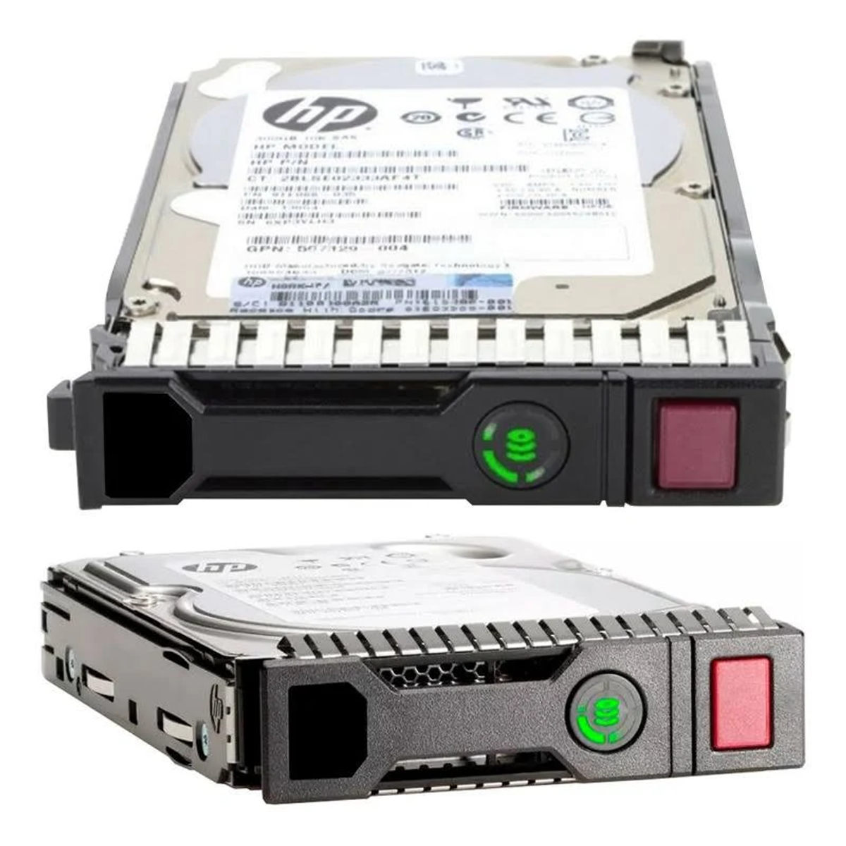 Due hard disk HP, neri e argentati, con luce verde. Pulsante rosso frontale.