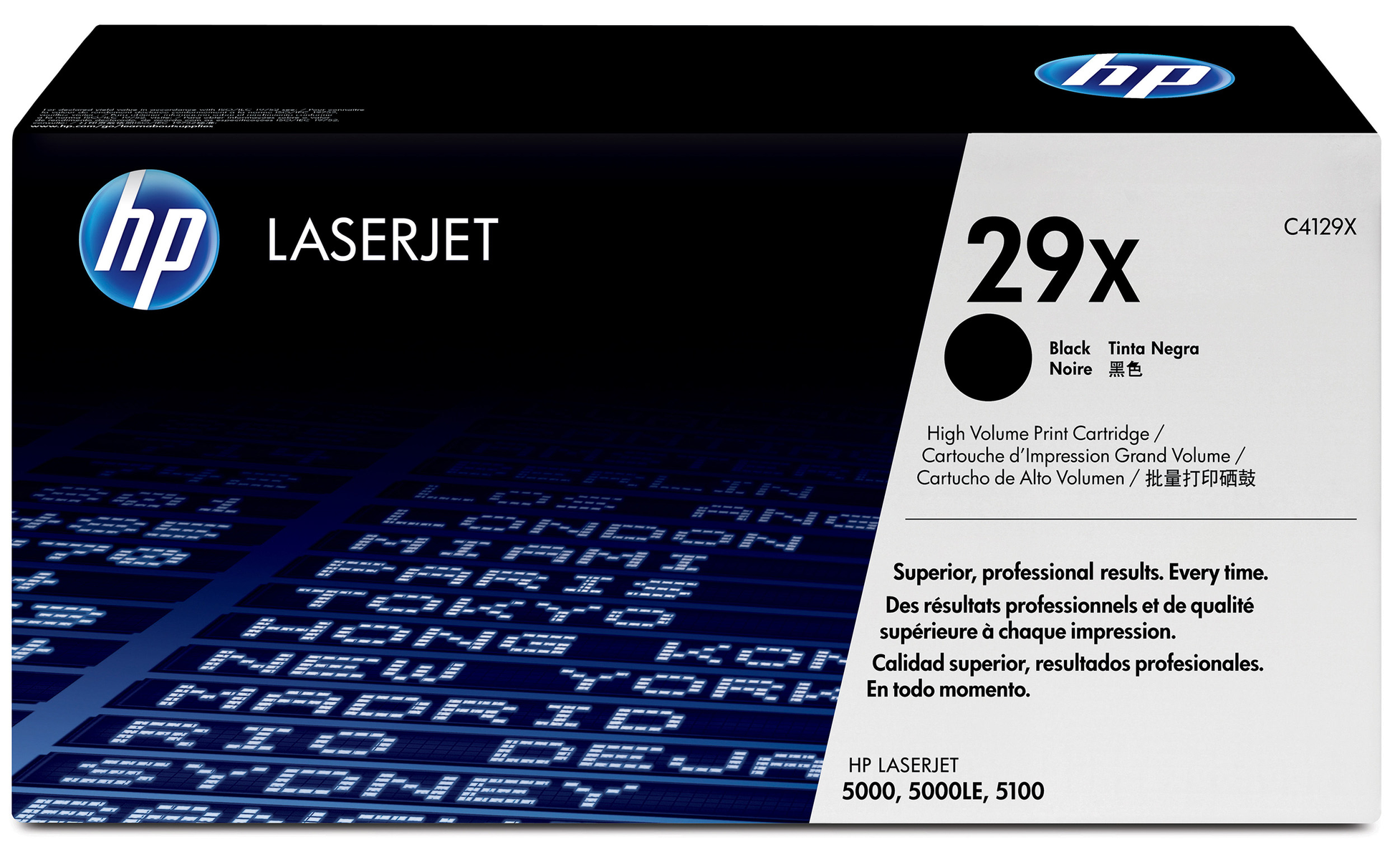 Pudełko z czarnym tonerem HP LaserJet 29x. Czarny tusz w pudełku ze szczegółami produktu.