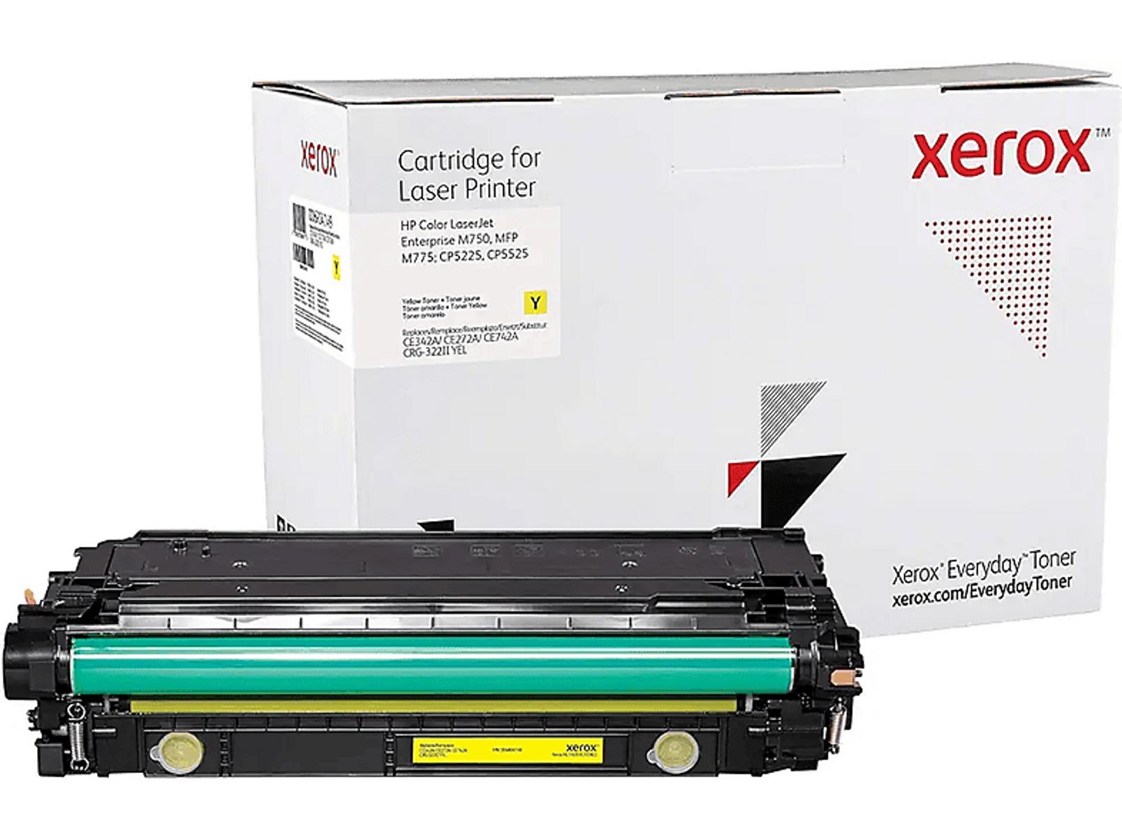 Pudełko z wkładem do drukarki Xerox i wkład przed nim, widoczny żółty toner.