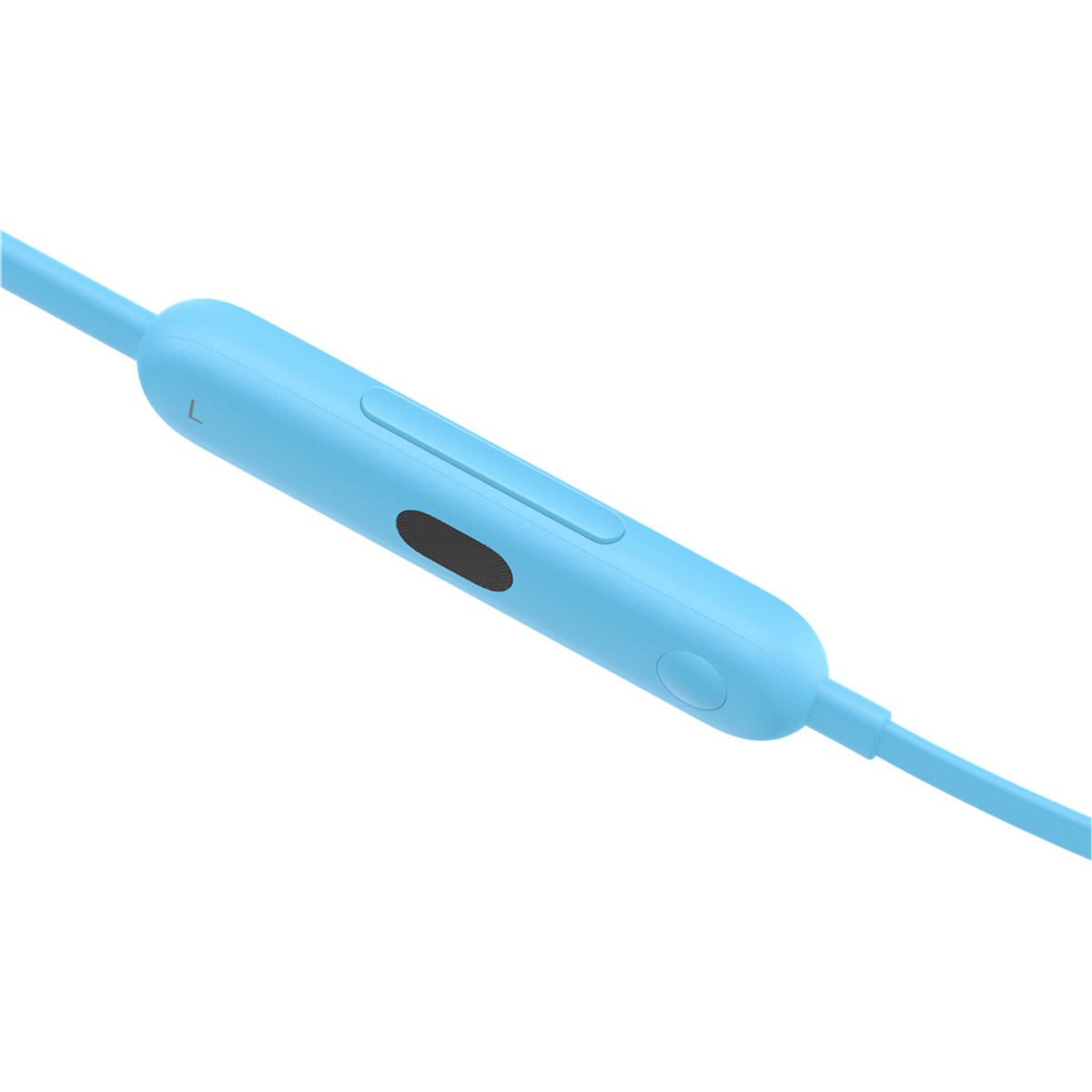 Jasnoniebieskie słuchawki douszne. Posiadają panel sterowania z przyciskami. Widoczny jest przewód.