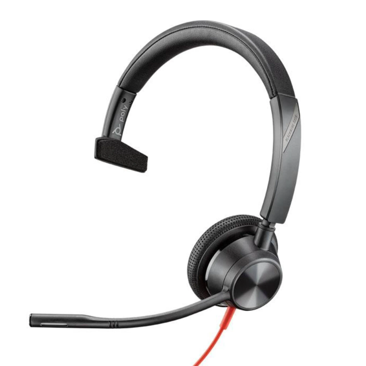 Czarno-szary zestaw słuchawkowy z czerwonym kablem. Zestaw słuchawkowy ma mikrofon.