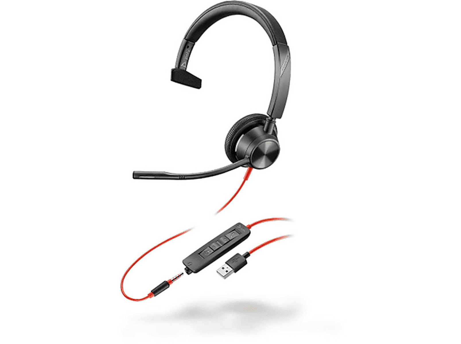 Czarny zestaw słuchawkowy z czerwonym kablem, kontrolą i złączem USB.