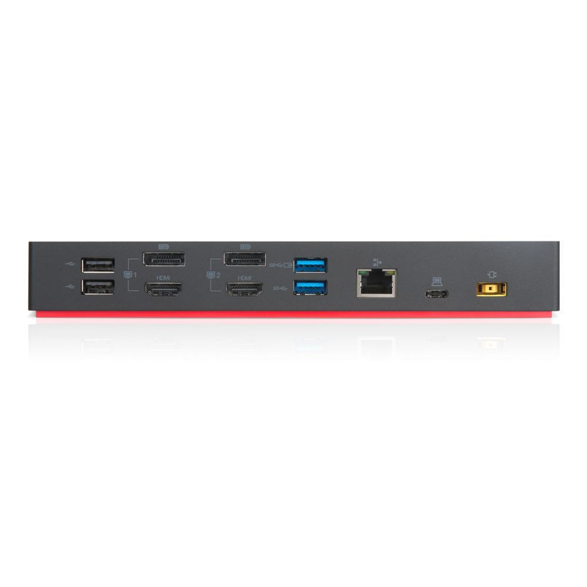 Schwarze Lenovo Dockingstation mit Anschlüssen und roten Akzenten.