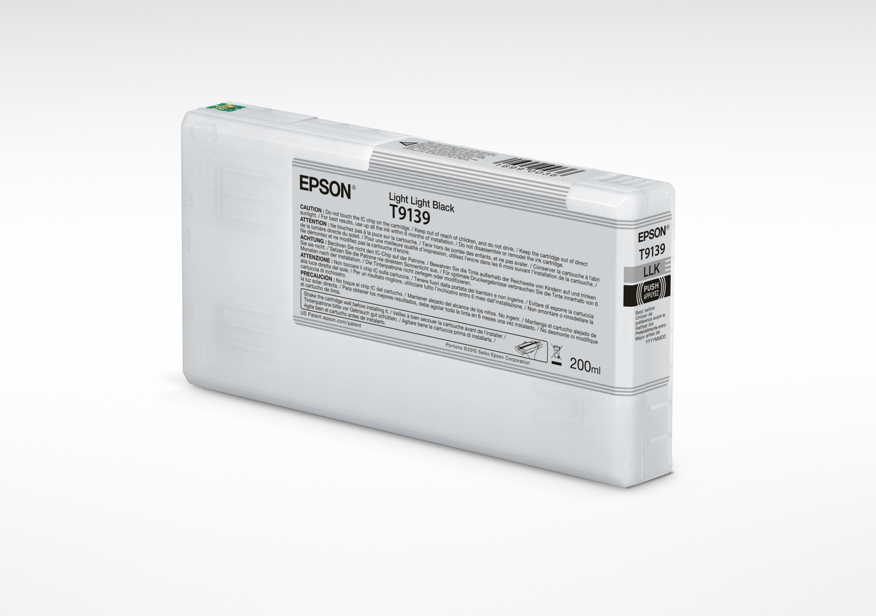 Cartouche d'encre Epson T9139 Light Light Black dans un emballage blanc et gris.