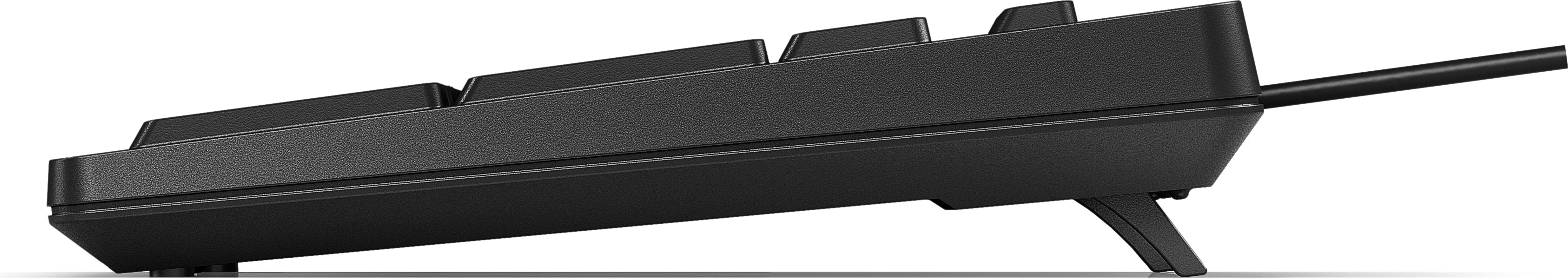 Schwarze Tastatur Seitenansicht, zeigt Tasten und die abgewinkelten Füße.