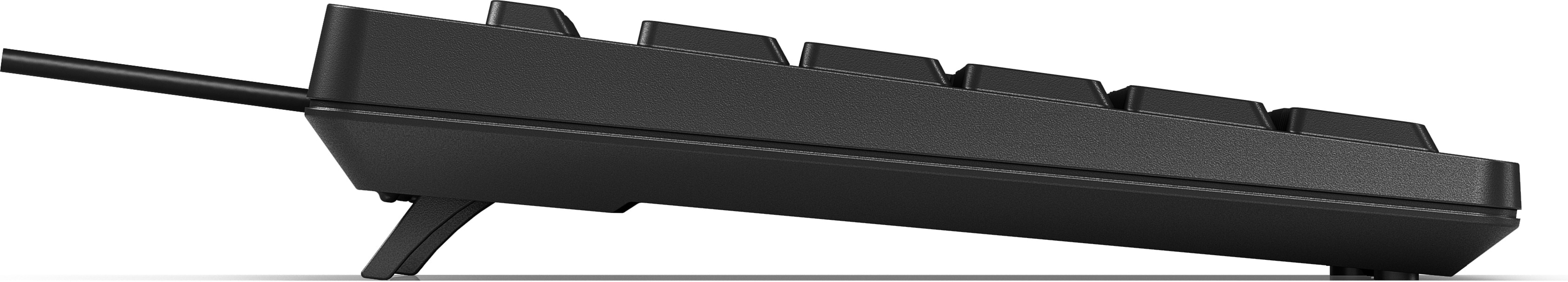 Schwarze Tastatur, Seitenansicht. Die Tastatur hat ein schwarzes Kabel und Ständer.