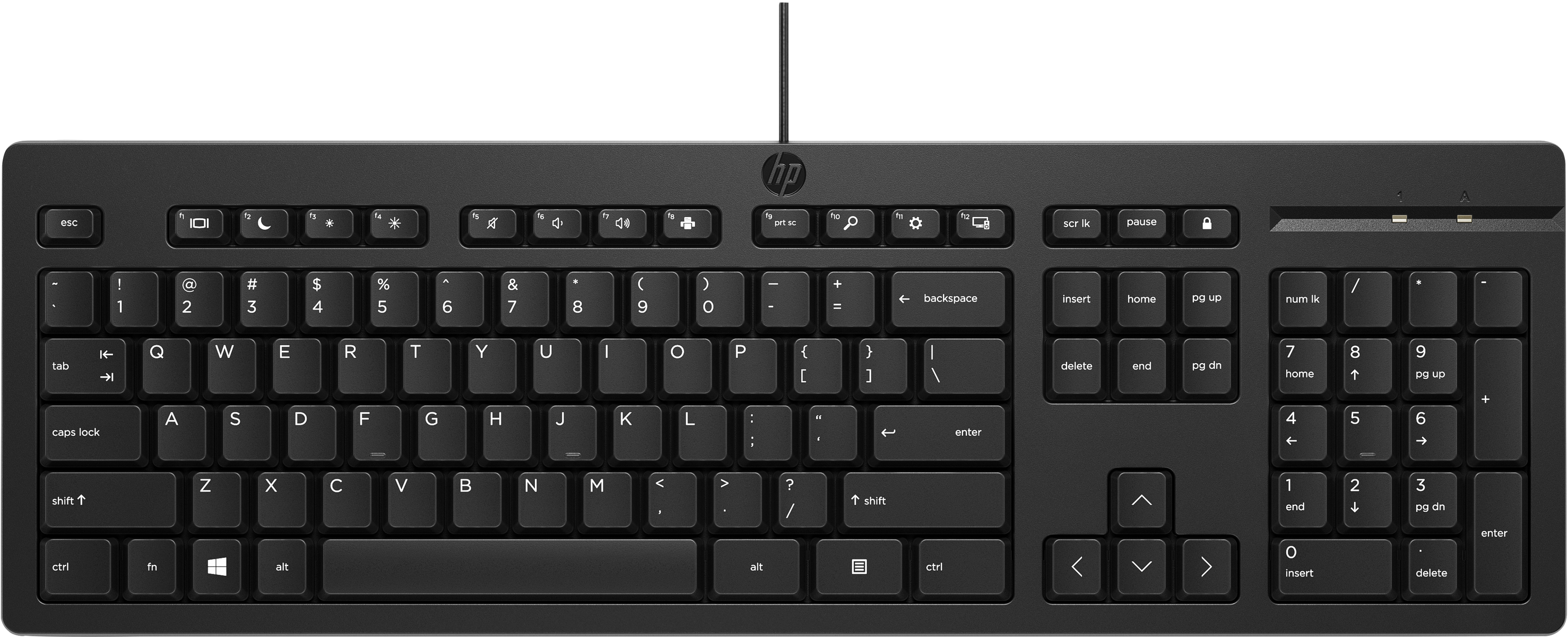 Schwarze HP-Tastatur, Standard-Layout. Enthält Tasten, Zahlen und Funktionstasten.