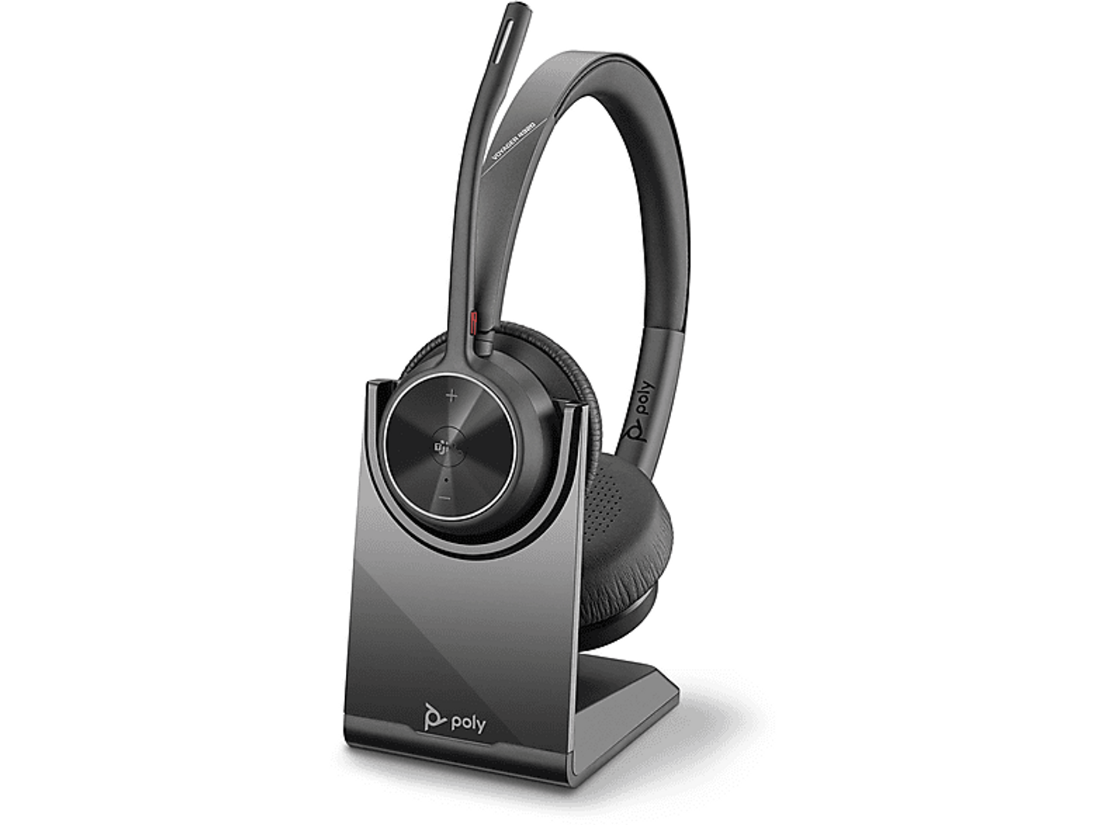 Casque noir sur un socle. Le casque est sans fil et possède un microphone.