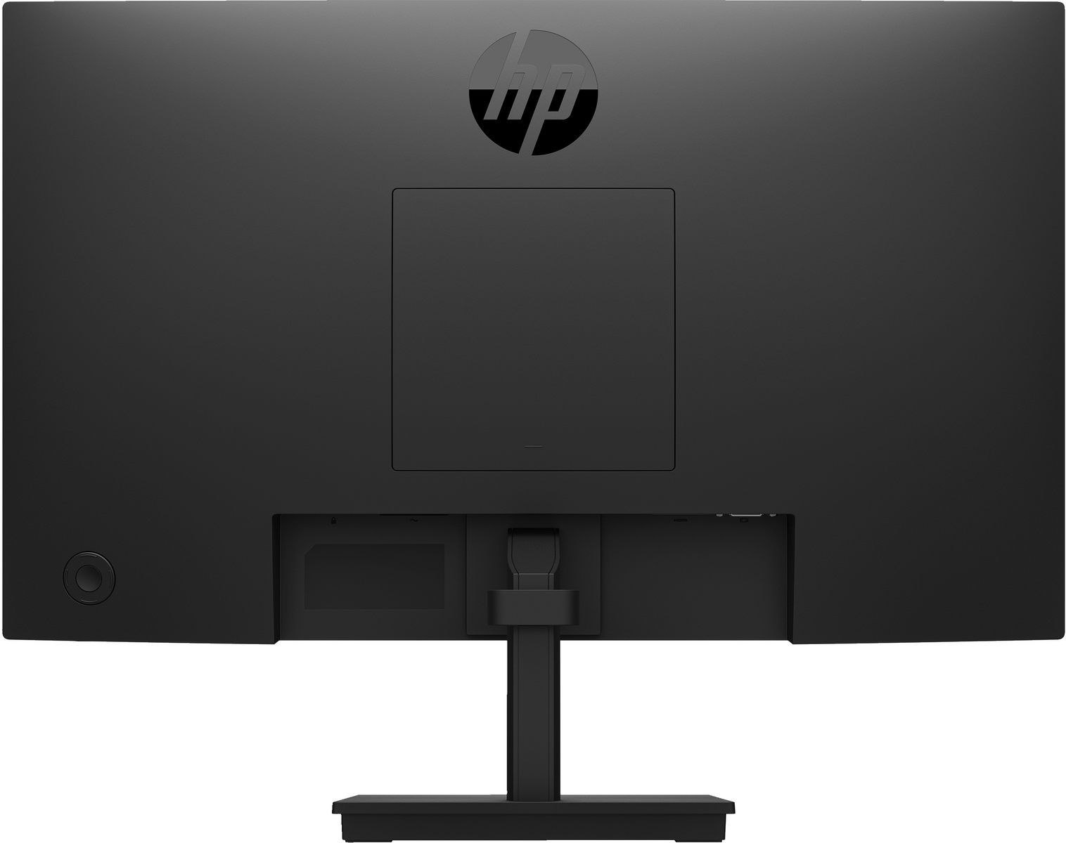Vista trasera de un monitor HP negro con soporte. El logotipo de HP es visible en la parte superior.