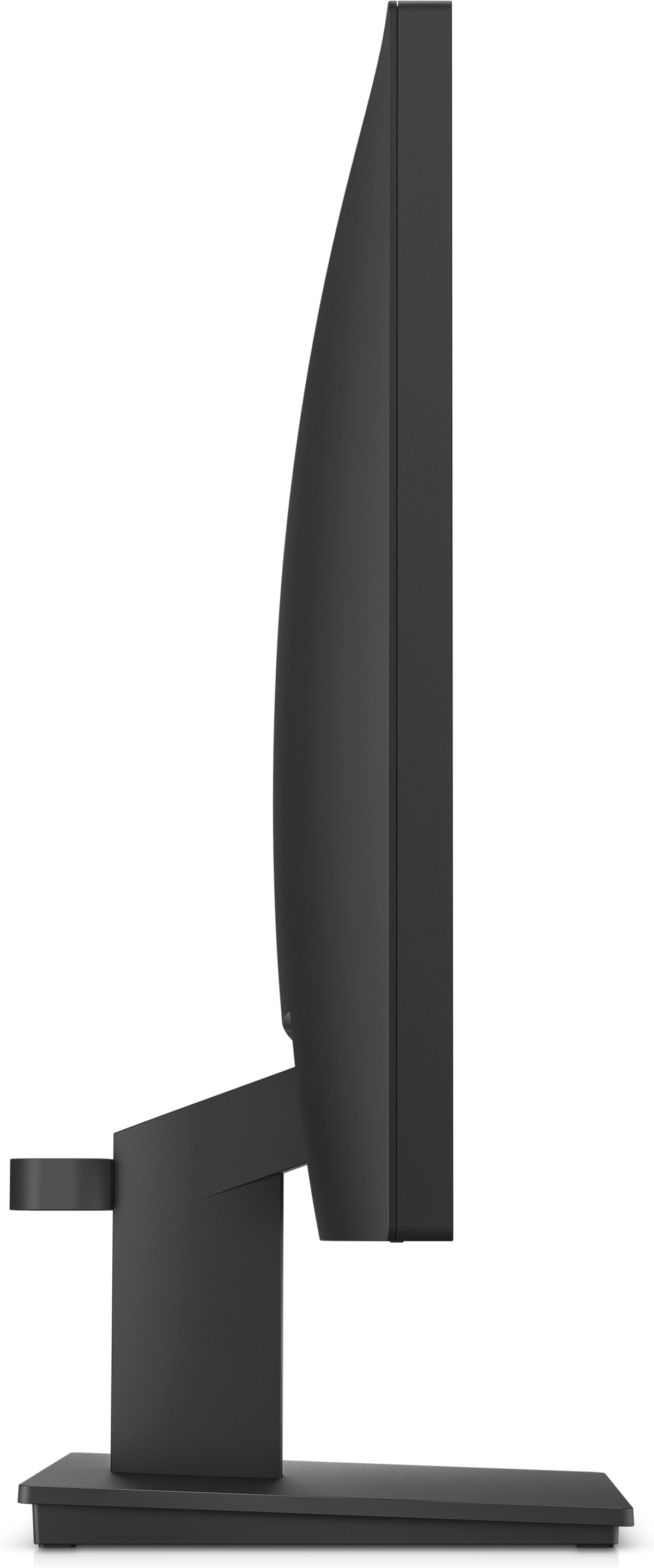 Monitor negro en vista de perfil, mostrando pantalla y soporte sobre fondo blanco.