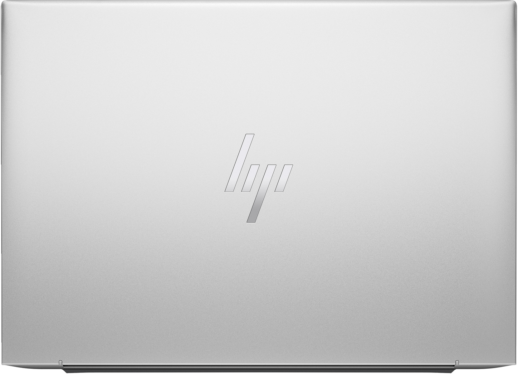 Tapa de portátil plateada con el logotipo de HP en el centro.