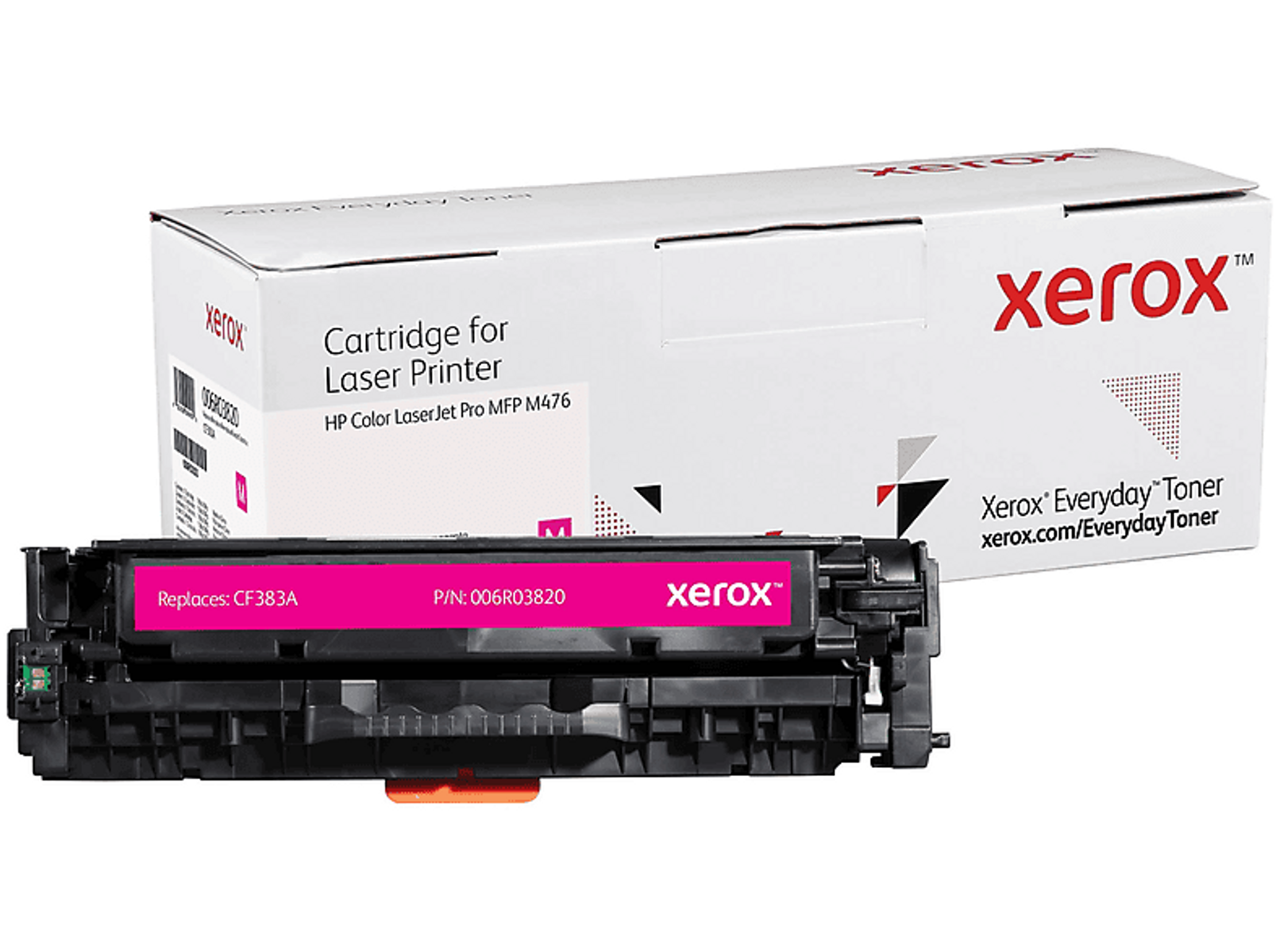 Cartuccia toner rosa in una scatola su sfondo bianco.