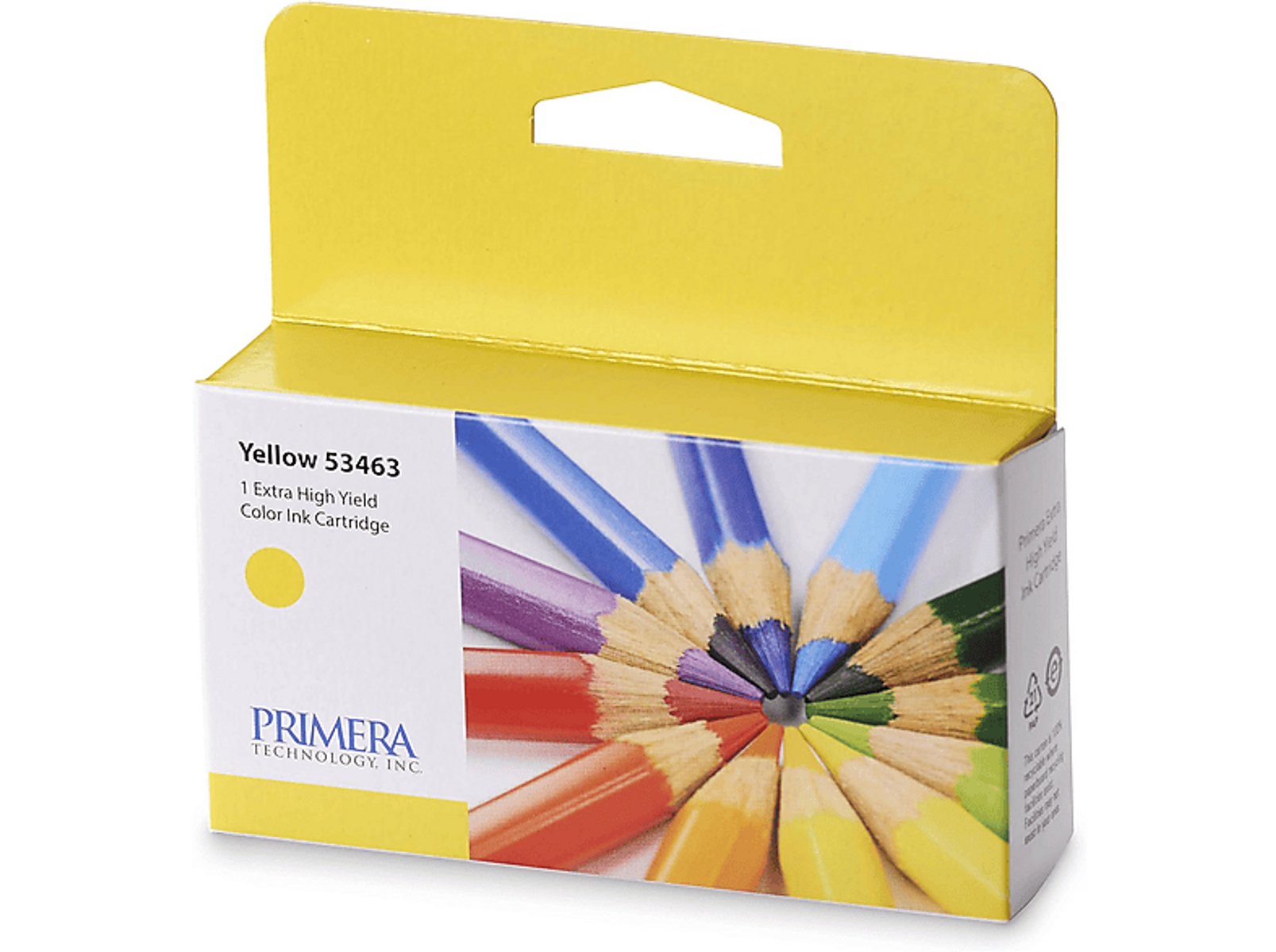 Scatola di cartucce d'inchiostro gialle con matite colorate sullo sfondo. Dice 'Yellow 53463'.