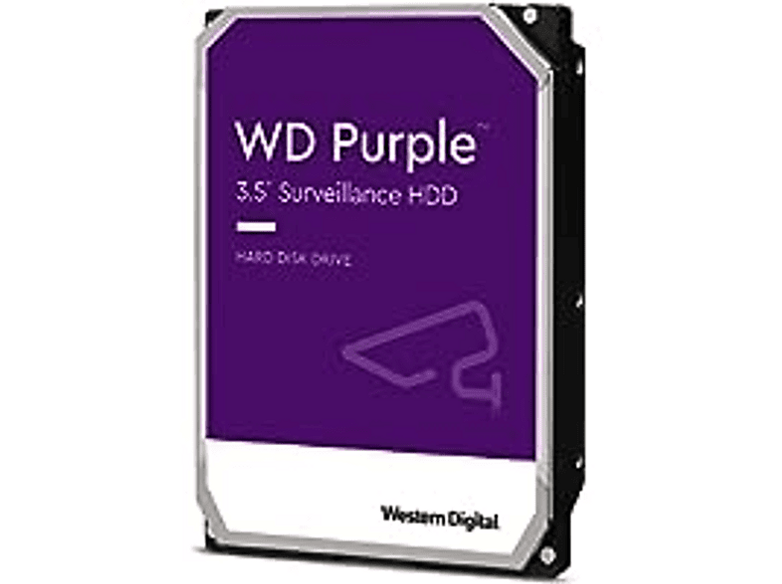 Dysk twardy WD Purple z fioletową etykietą. Tekst: WD Purple, 3.5" Surveillance HDD i Hard Disk Drive.