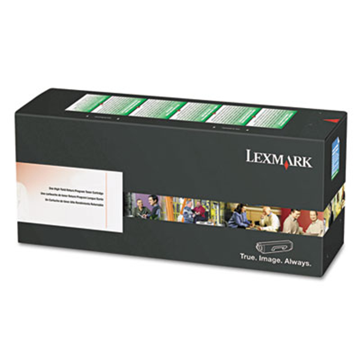 Eine schwarze Lexmark-Box hat Bilder von Menschen und Text. Es ist eine Tonerkartuschenbox.