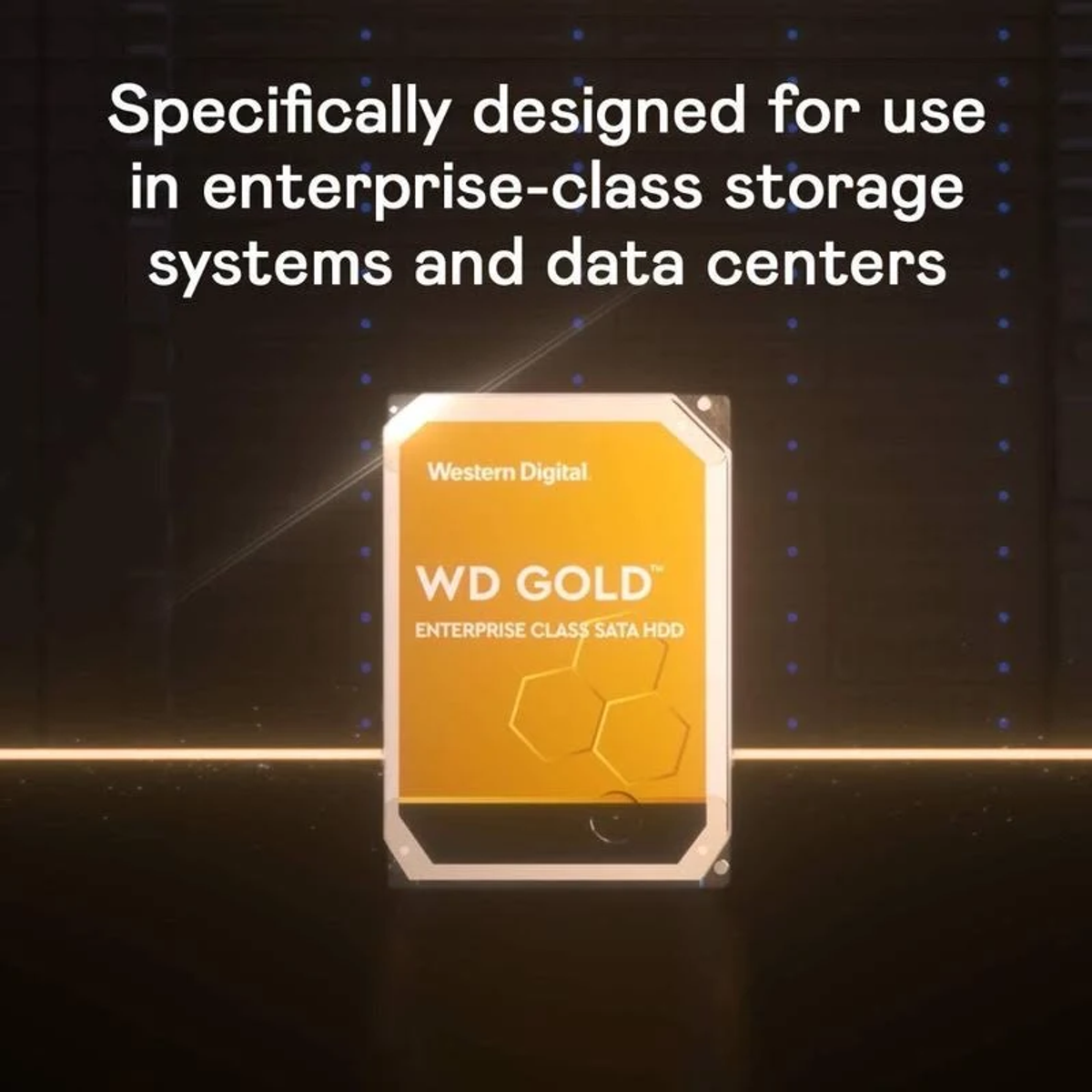 Eine gelb-silberne Festplatte mit dem Text 'WD GOLD' und 'ENTERPRISE CLASS SATA HDD'.