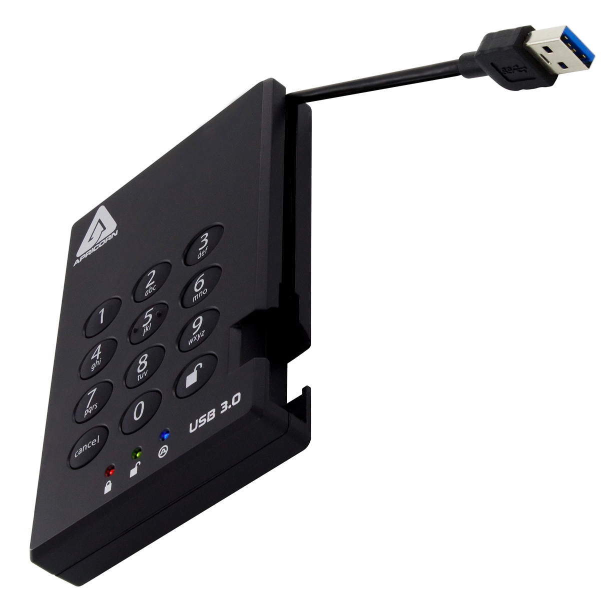 Schwarze USB 3.0 externe Festplatte mit Tastatur und Zahlen.