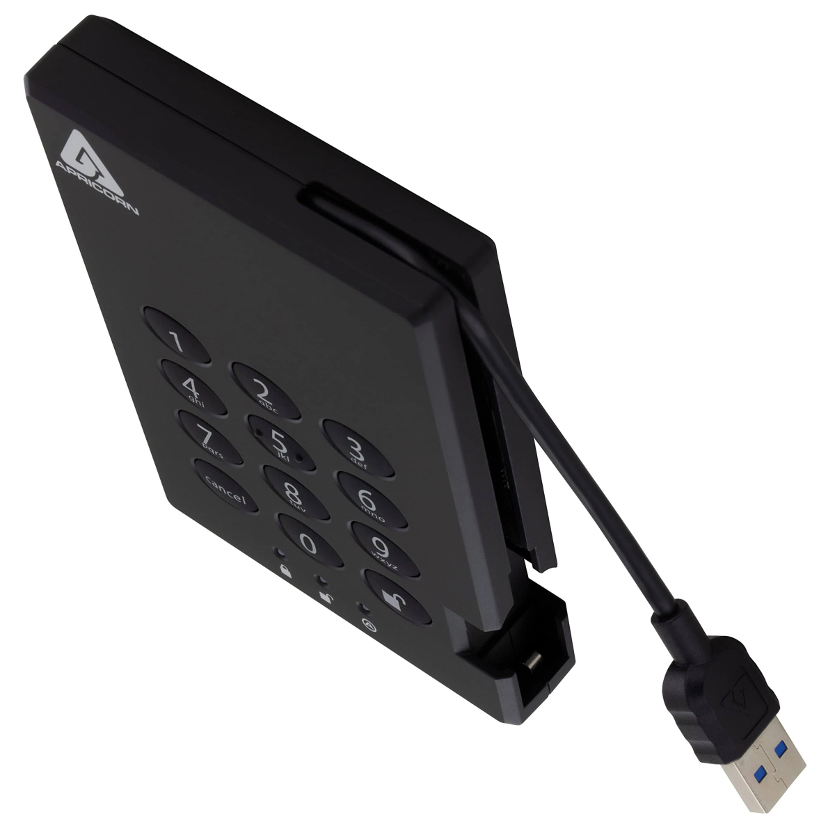 Schwarzes Sicherheitsgerät mit Tastatur und USB-Kabel. Es hat Zahlen und eine Abbruchtaste.