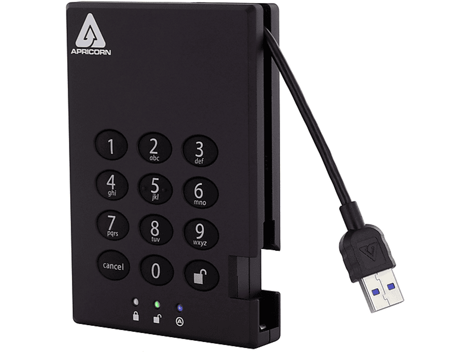 Schwarze externe Apricorn-Festplatte mit Tastatur und USB-Kabel.
