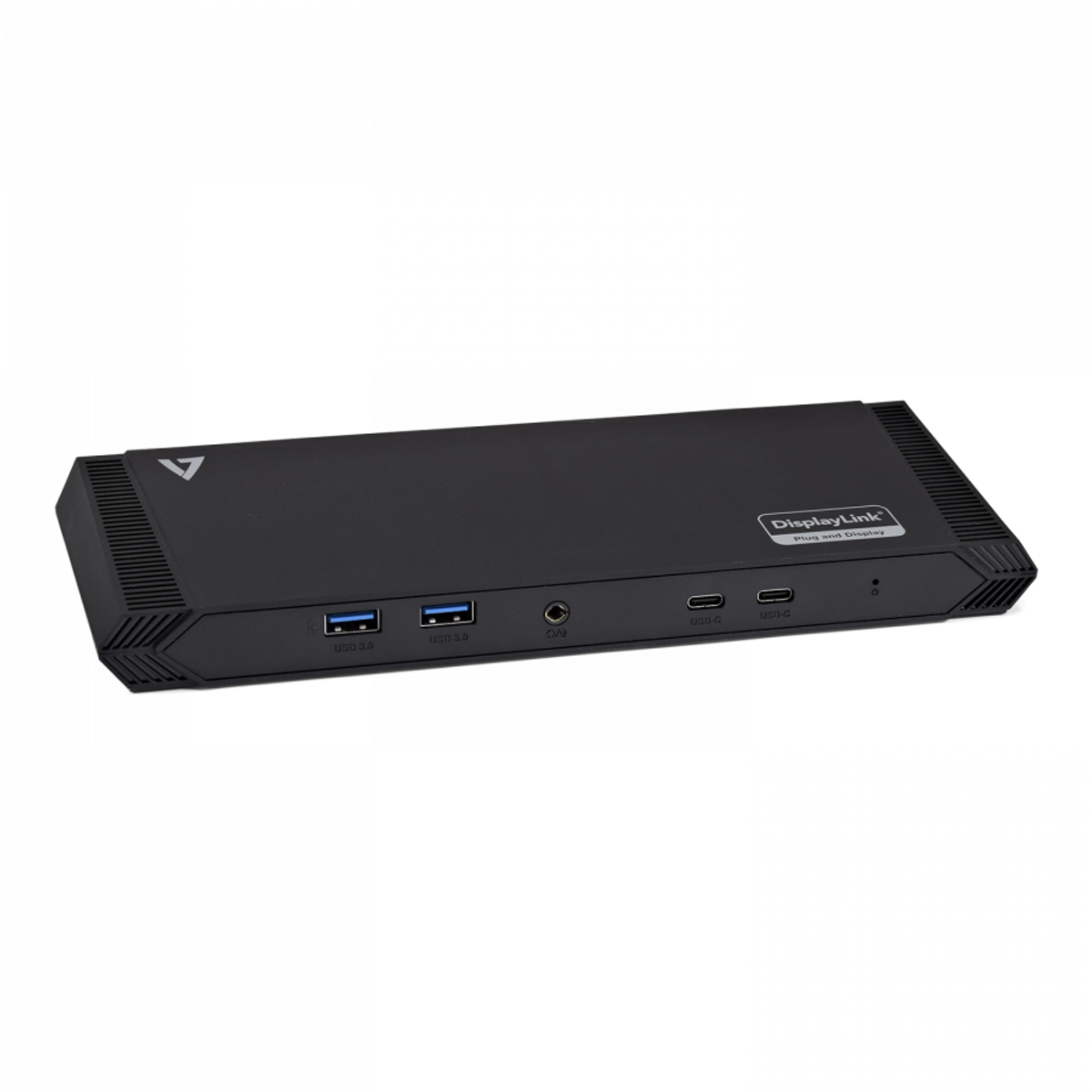 Docking station rettangolare nera con porte e logo DisplayLink, vista angolata.