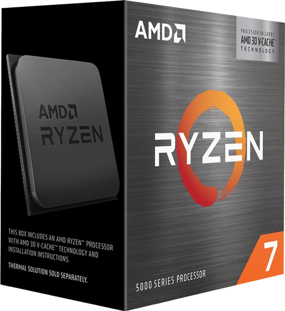AMD Ryzen 7 Box. Enthält das AMD Ryzen Logo und ein Prozessor-Bild. Die Box ist grau und schwarz.