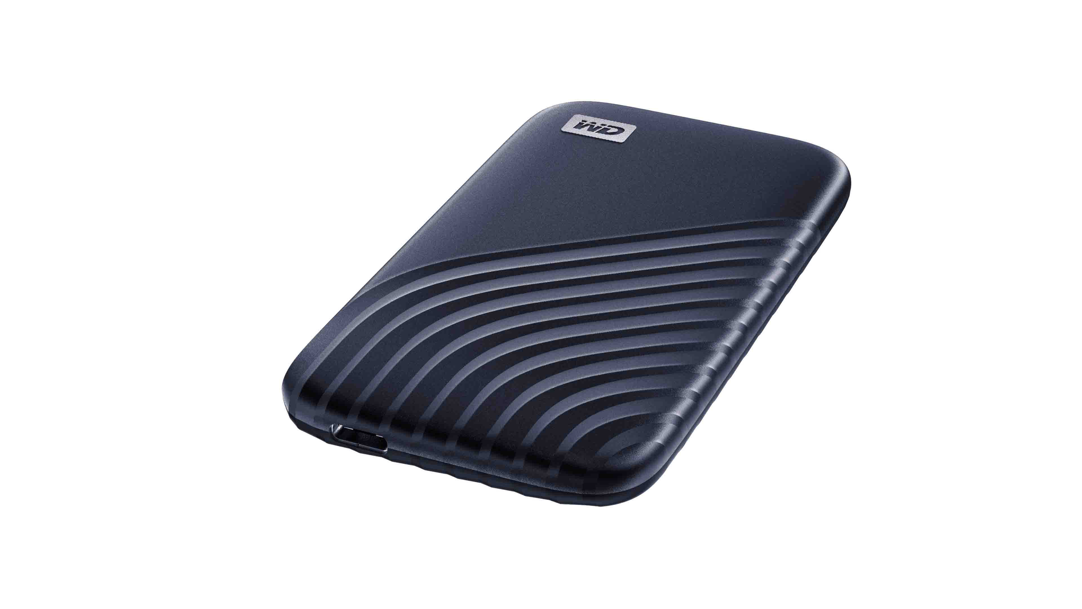 Disco rigido portatile nero con linee curve sulla superficie.