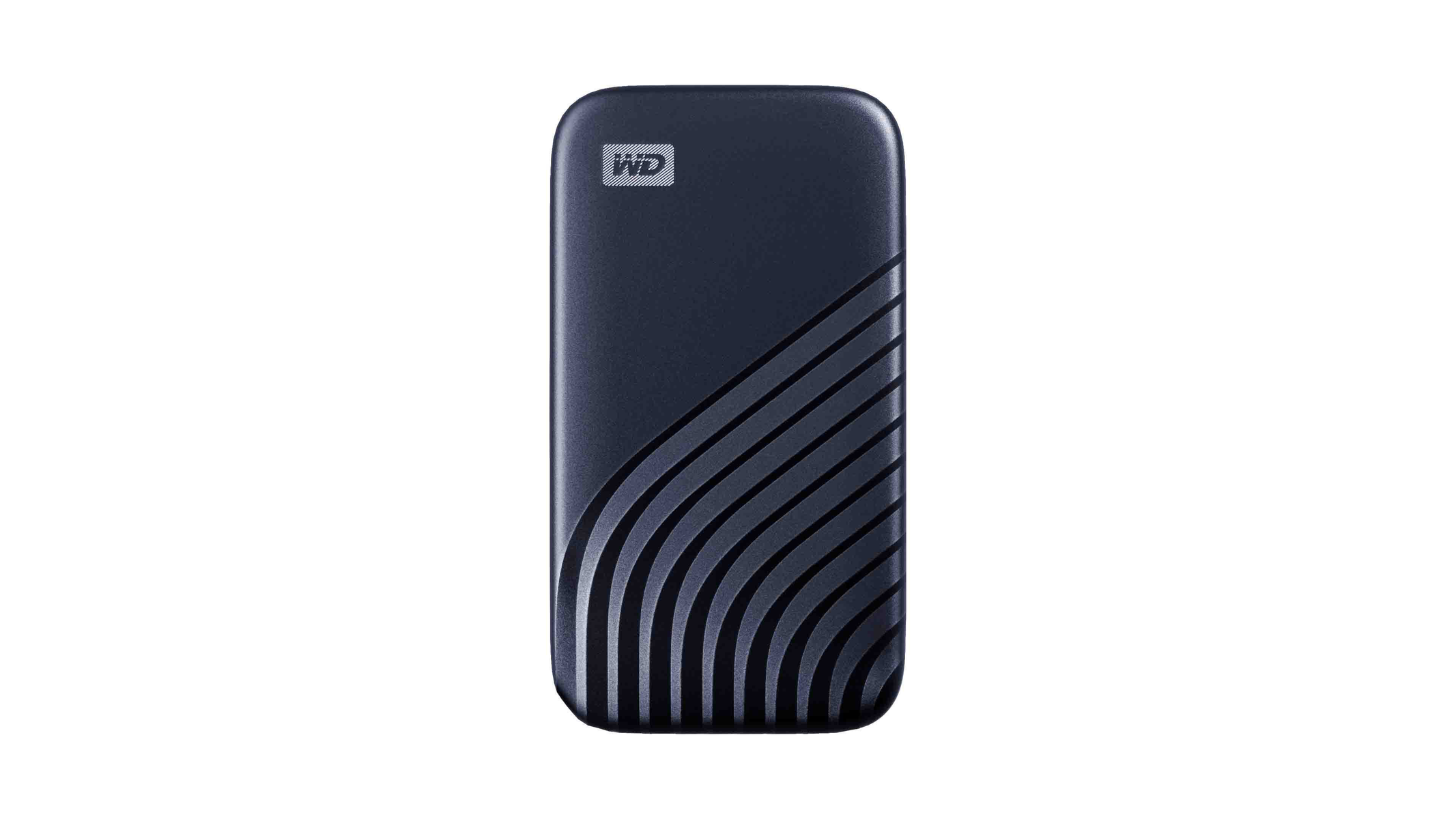 Un disco rigido portatile blu navy con linee ondulate nere. Il logo 'WD' in alto a sinistra.