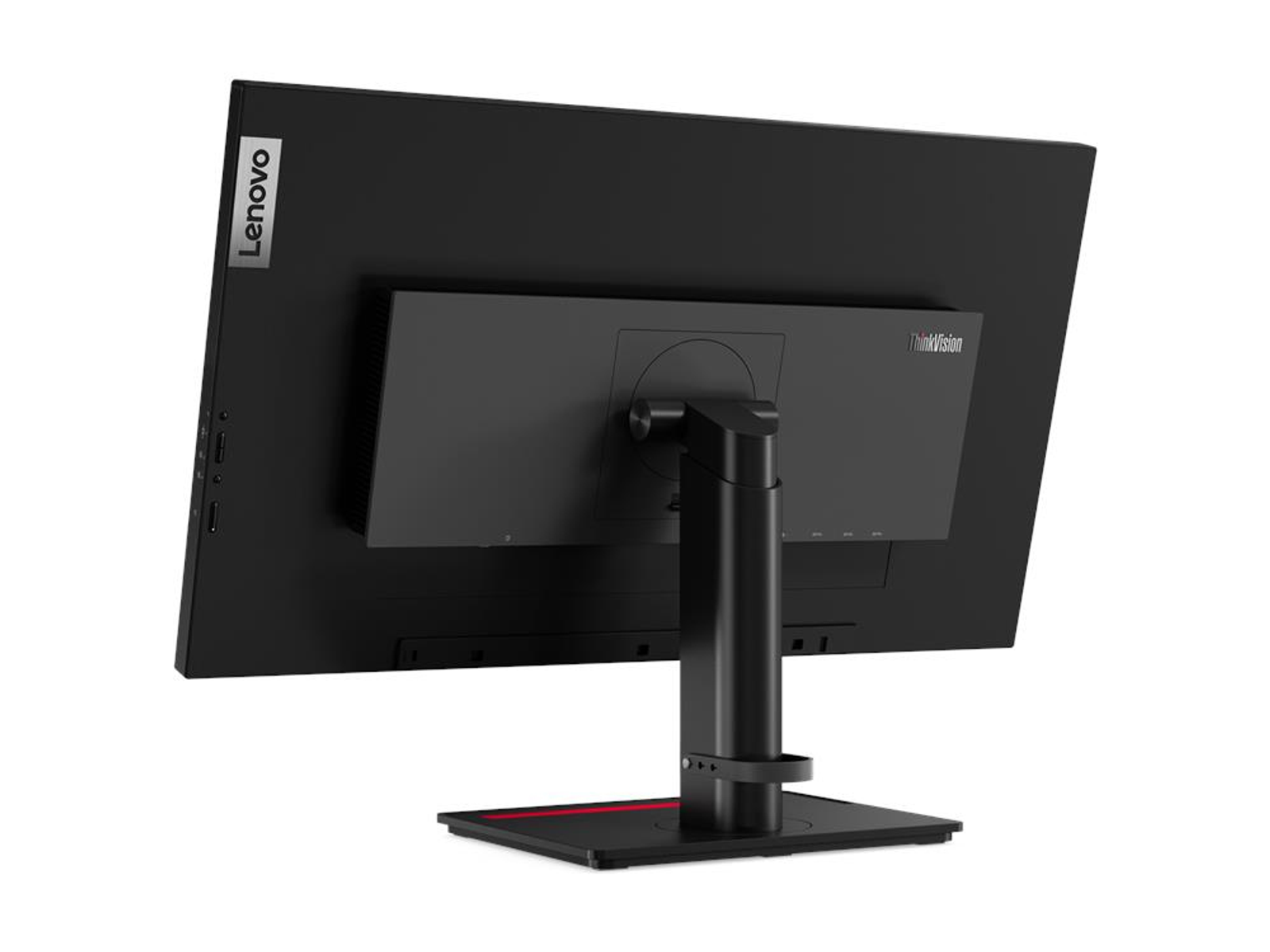 Tył czarnego monitora Lenovo ze stojakiem, portami i logo ThinkVision.
