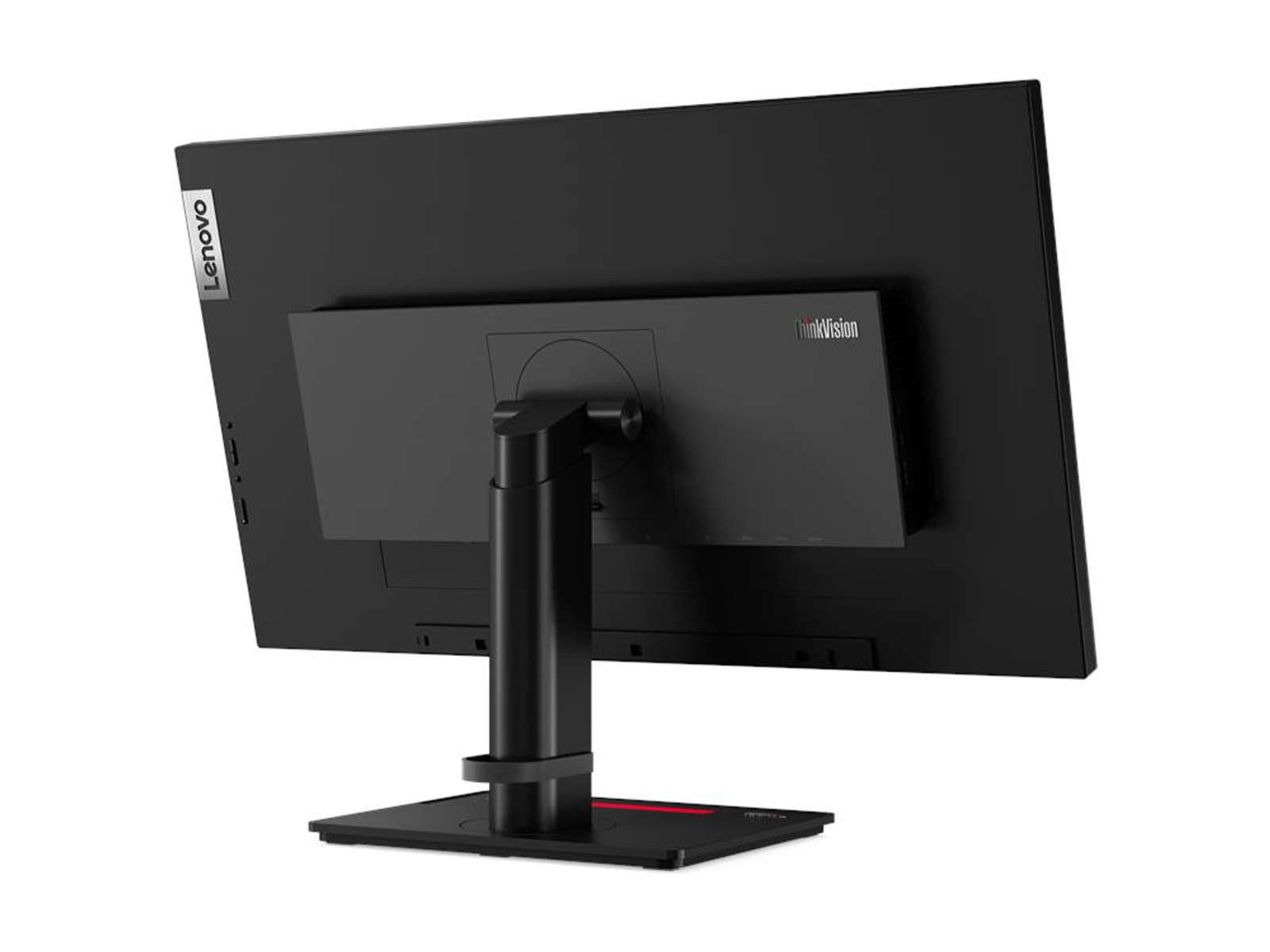 Tył czarnego monitora Lenovo ThinkVision, ze stojakiem. Ekran nie jest widoczny.