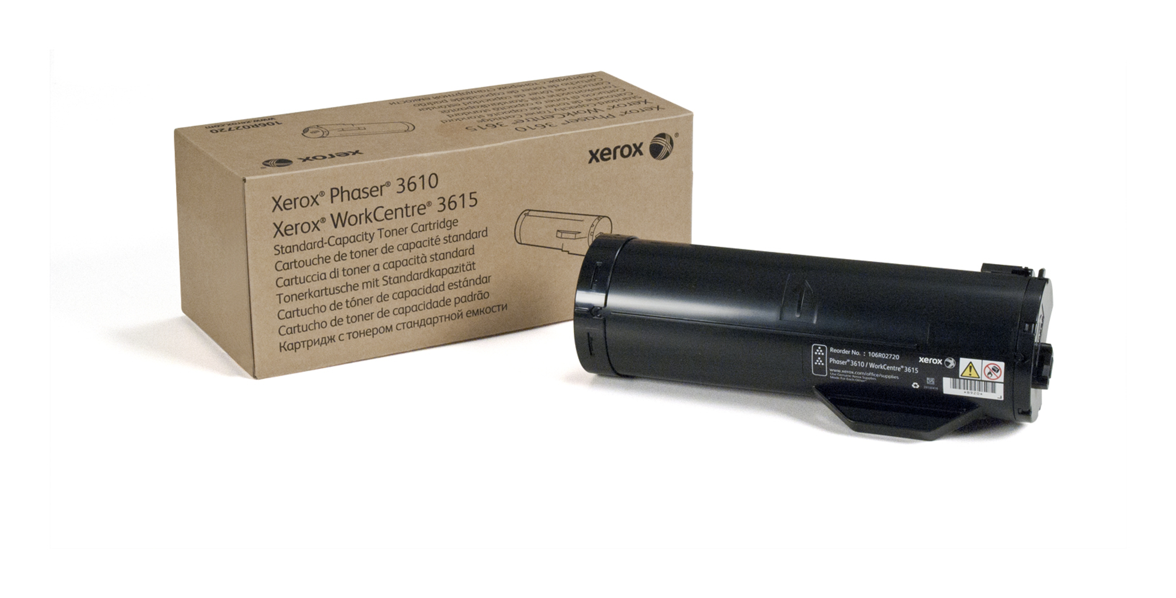 Cartuccia toner Xerox e scatola su bianco. La scatola ha testo e immagine.