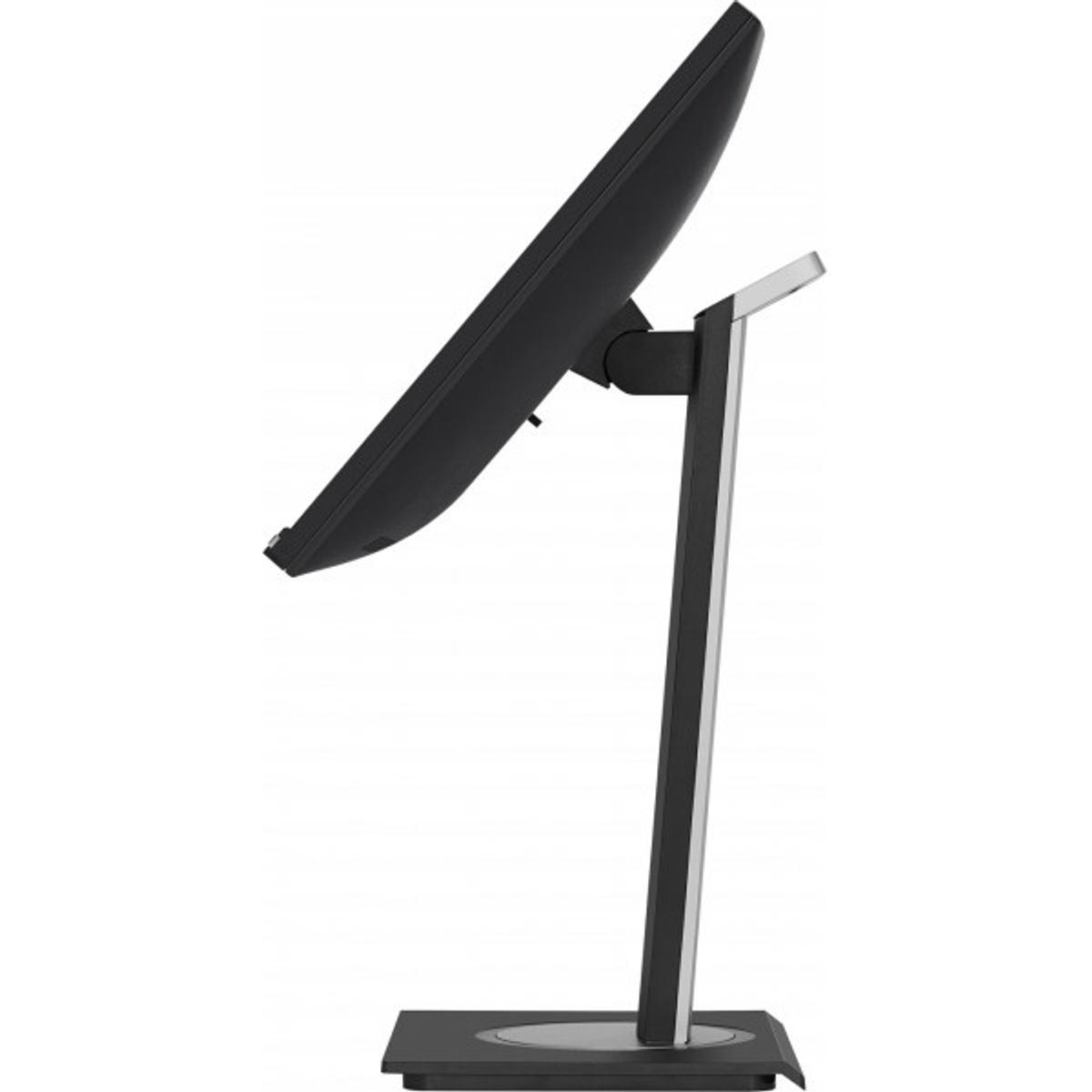 Czarny monitor komputerowy na srebrno-czarnej podstawce, lekko pochylony.